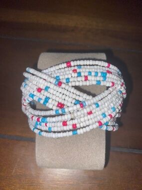 (Cuff Bracelet) Retro White Beads with Colors will Fit Most Plus Size Wrists